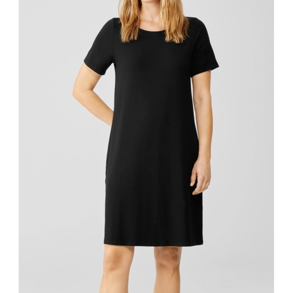 Eileen Fisher Black Short Sleeve V‎ Neck Midi Dress XS/TP Minimalist